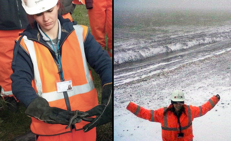 Young ecologist, Lyn, conducting a reptile survey (Left). A young Lyn out on site with snow © Thomsonec.com