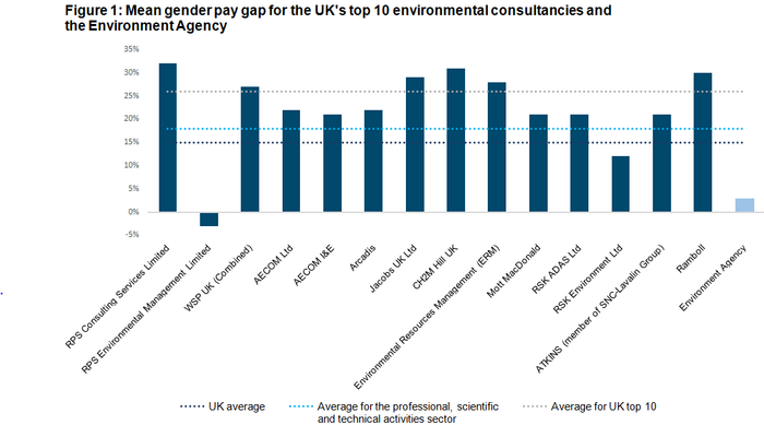 Graph Figure 1: Mean gender pay gap for the UKs top 10 environmental consultancies and the Environment Agency © Environment Analyst