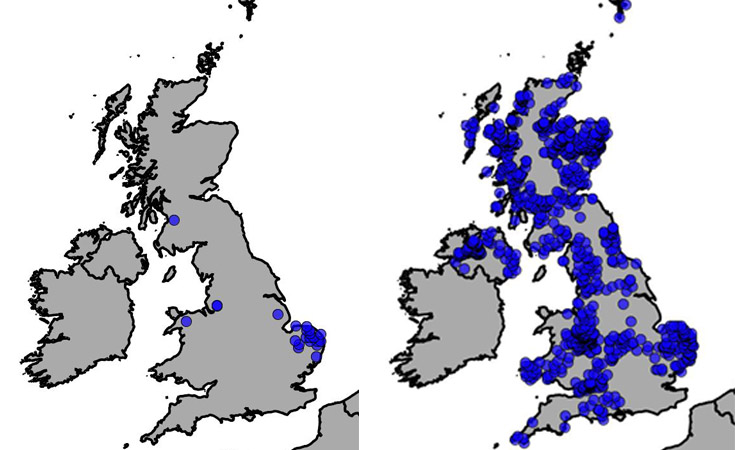 Map of otter occurrence UK 1969 (left). Map of otter occurrence UK 2015 (right)