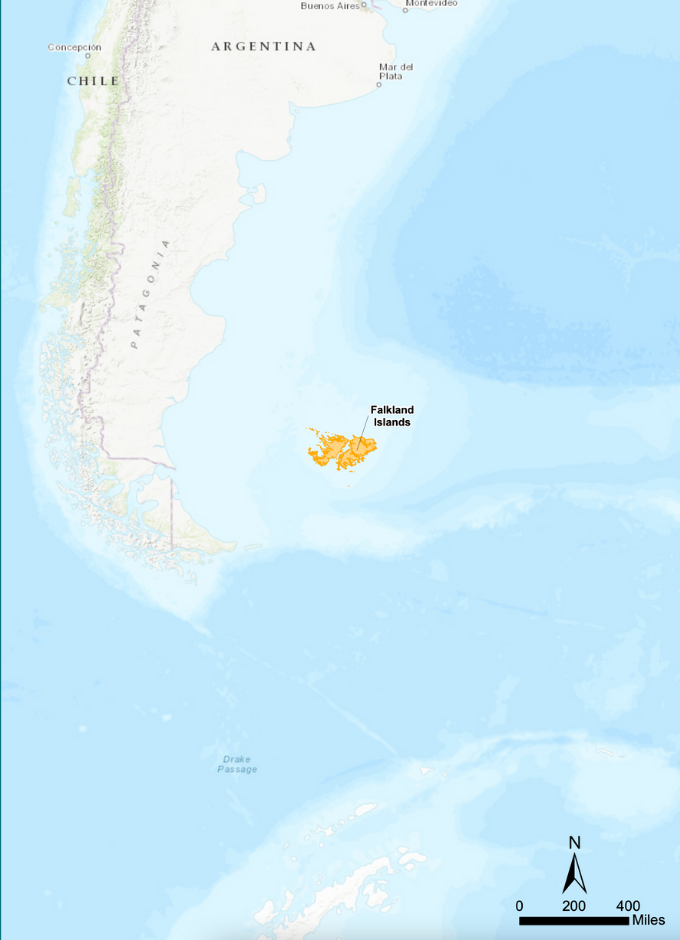 Location of the Falklands in the Southwest Atlantic